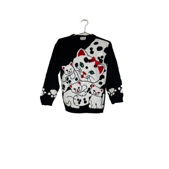 Vintage Jet Set Sweater Cat Kitten Print 80's Medium Bow Girls USA - Picture 1 of 11
